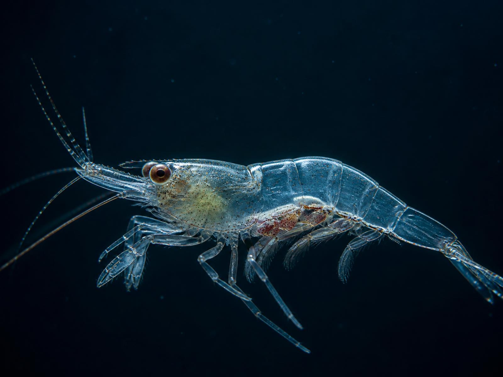 Macro photograph of a translucent live ghost shrimp suspended in dark water