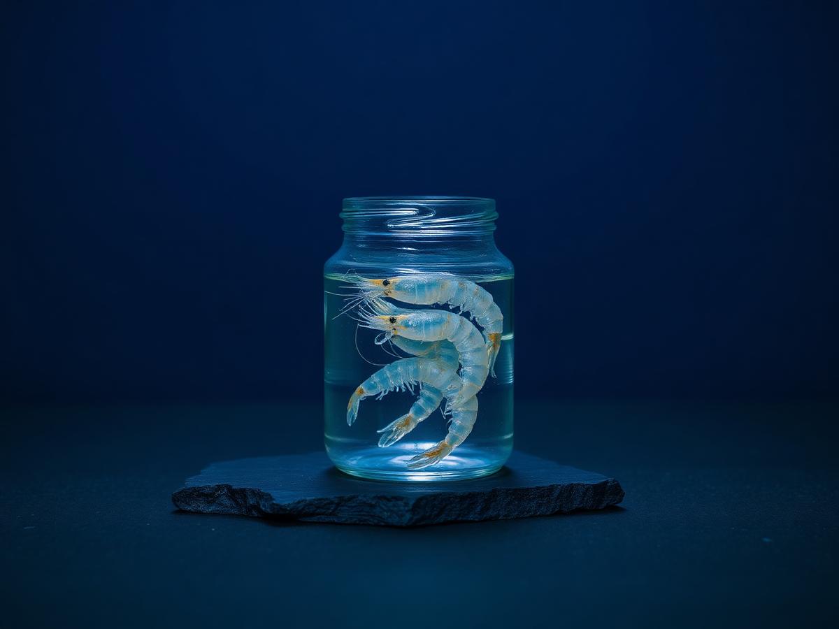 Transparent live ghost shrimp in a clear holding jar against dark water